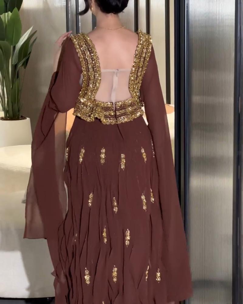 Elegant evening dress, Georgette fabric, with embroidered handwork, original and classy