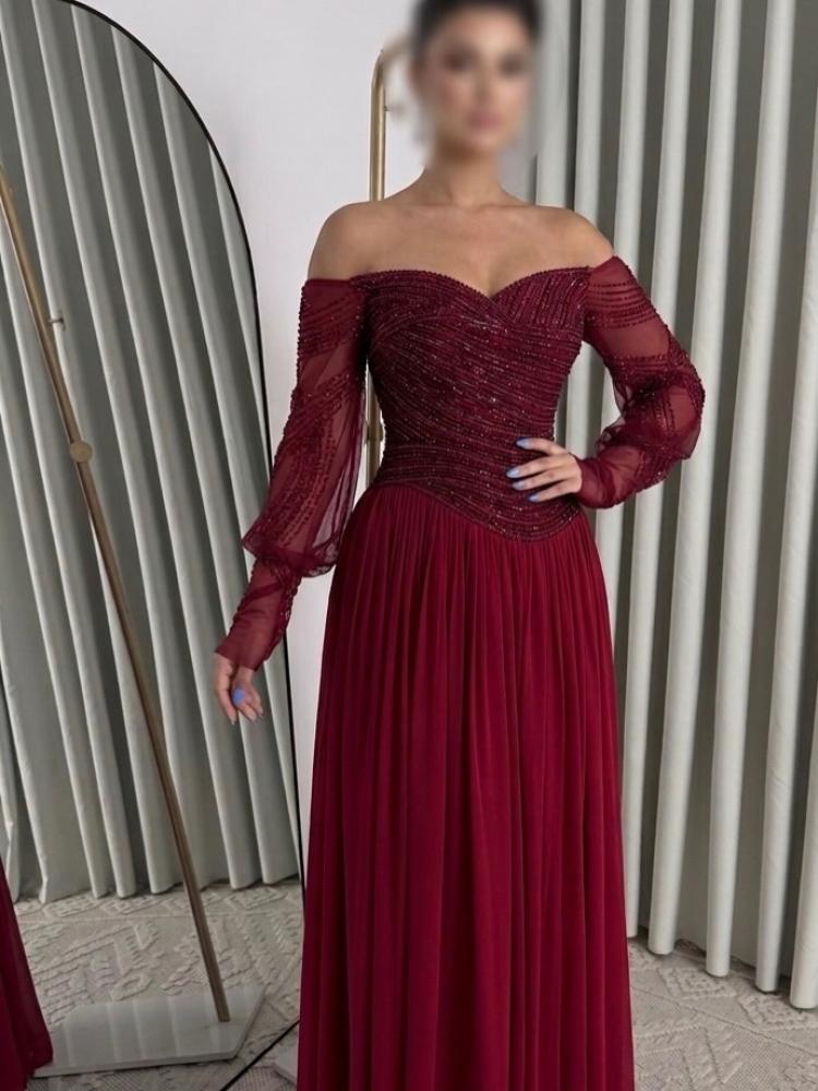 Elegant long evening dress, fabric of the bust is Barbie, hand embroidery, double flared, zipper