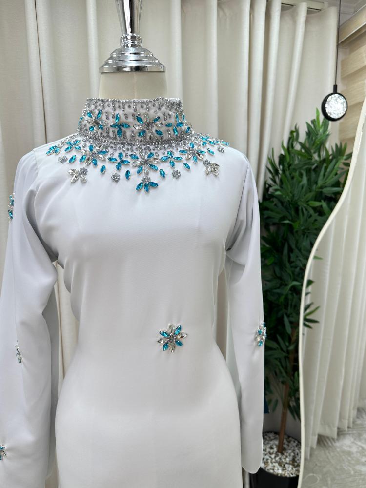 Elegant long modest evening gown, white color, stylish, two layers, original first grade, with hand-stitched crystal embroidery.