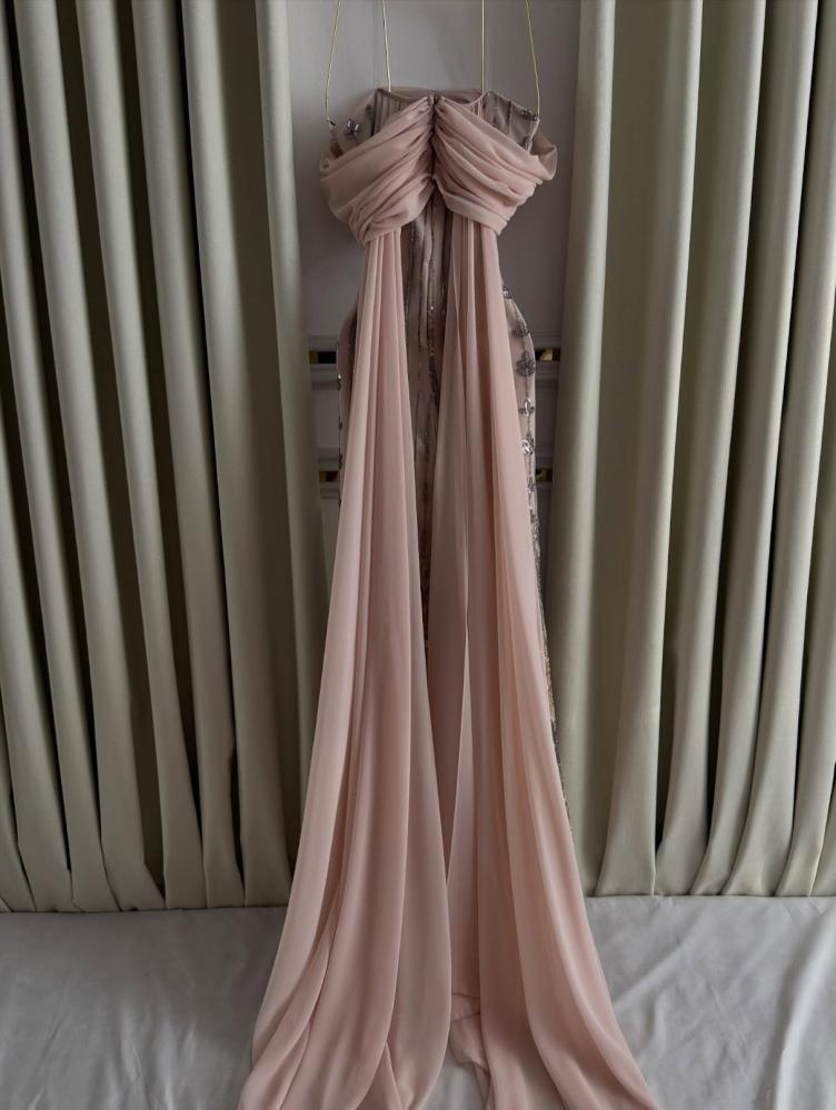 Evening dress, elegant sophisticated color, embroidered lace on Barbie lining, and chiffon train