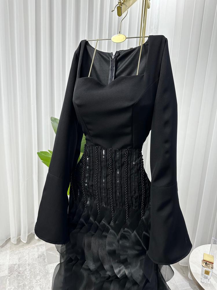 Evening dress, Barbie fabric, pleated, with hand embroidery and crystals