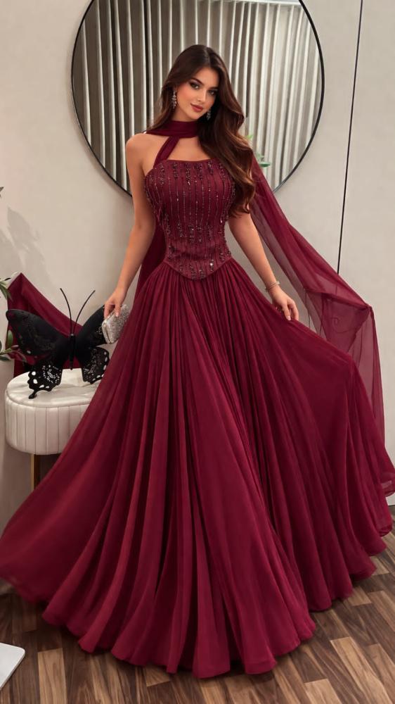 Elegant long evening dress, georgette fabric, Barbie bust, with exquisite hand embroidery
