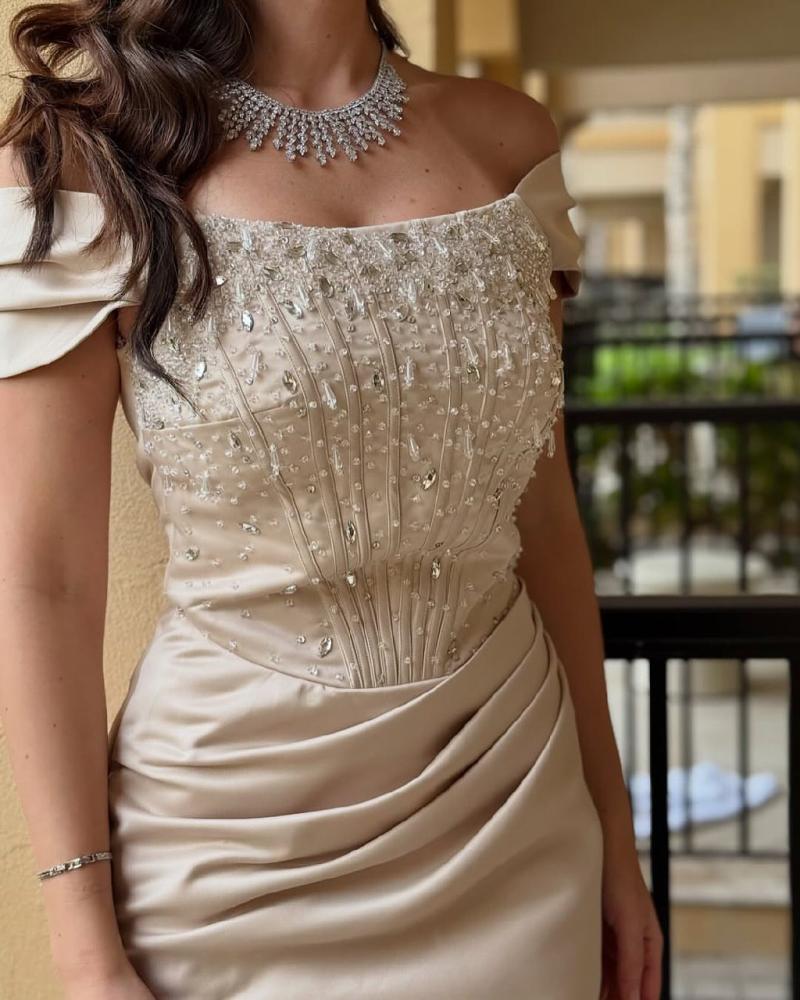 Evening dress, elegant sophisticated color, crepe stretch fabric, + elegant hand embroidery, + crystal