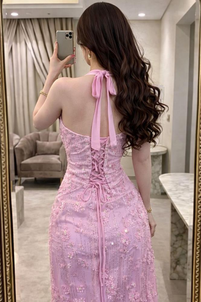 Elegant pink evening dress, fabric type: evening gown + georgette