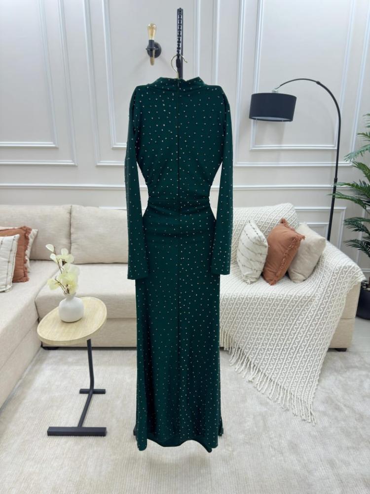 Elegant evening dress dark green color sequin fabric + pearl