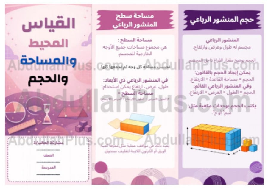 مطوية القياس  المحيط والمساحة والحجم  - رياضيات ب6 ف2 PDF