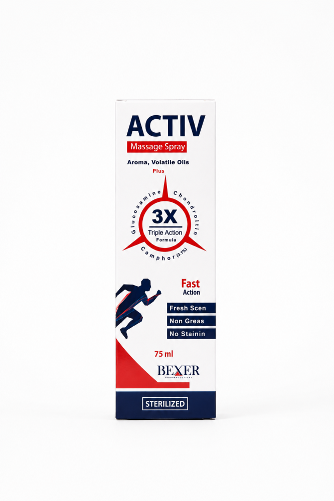 عبوة بخاخ مساج اكتيف (ACTIV) سعة 75 مل بتركيبة ثلاثية المفعول (جلوكوزامين، كوندرويتين، كافور) سريع المفعول، غير دهني، ومنعش للعضلات والمفاصل