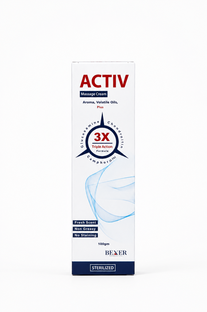 عبوة كريم مساج اكتيف (ACTIV) بوزن 100 جرام بتركيبة ثلاثية المفعول (جلوكوزامين، كوندرويتين، كافور) لراحة العضلات والمفاصل، يتميز بأنه غير دهني ولا يترك بقعاً