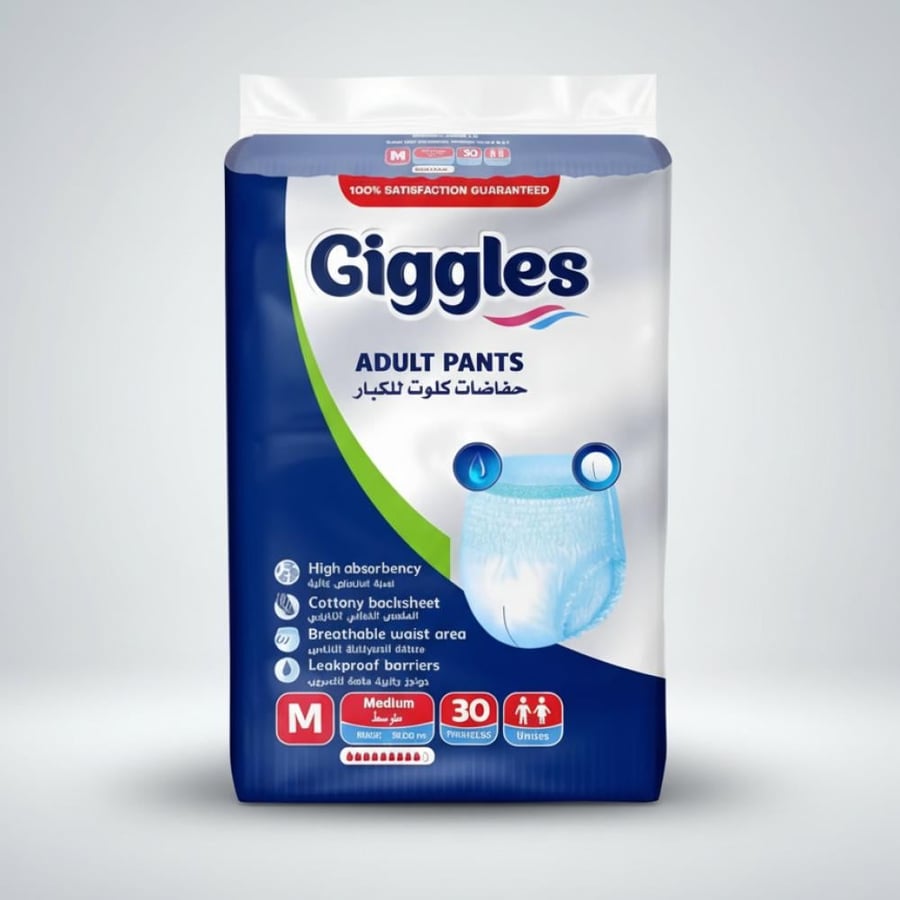 Giggles Adult Pull-Up Diapers – Medium Size, 30 pcs with Wetness Indicator & Odor Control
