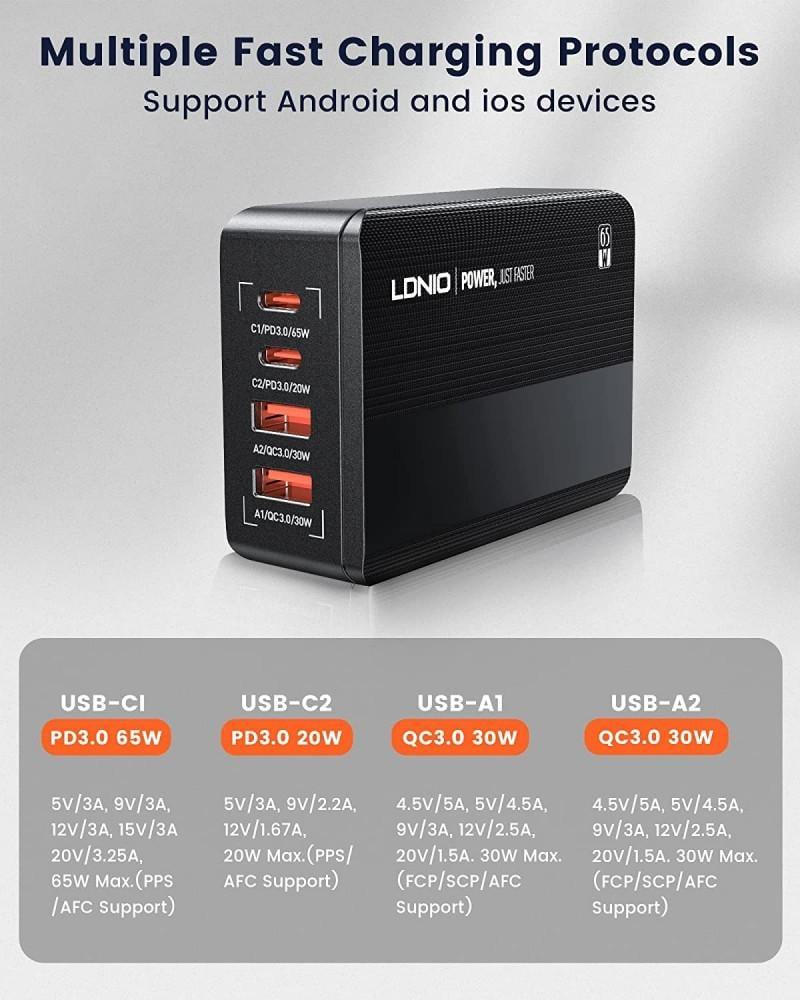 4 Ports USB Quick Charge 65W QC 3.0 Multiple Fast Charger for Iphone 12 13 Pro Max Samsung Xiaomi Laptops Charger Fast Charging LDNIO