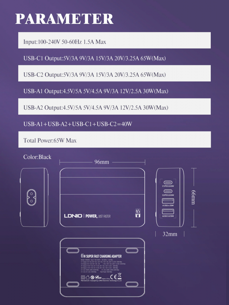 4 Ports USB Quick Charge 65W QC 3.0 Multiple Fast Charger for Iphone 12 13 Pro Max Samsung Xiaomi Laptops Charger Fast Charging LDNIO