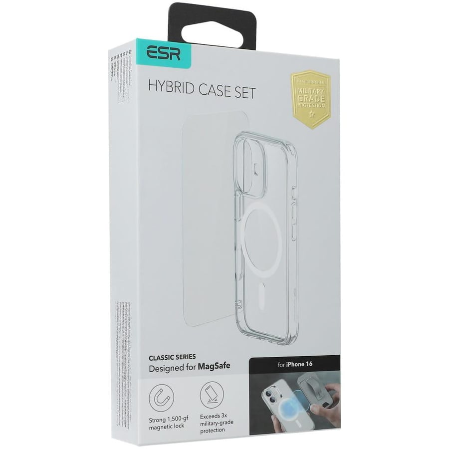 مجموعة حافظة + زجاج مقوى، ESR Classic Hybrid Halolock، زجاج مقوى لجهاز iPhone 16 لـ MagSafe، شفاف
