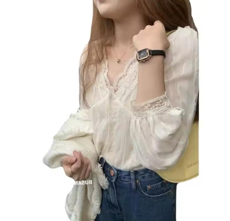 قميص دانتيل بأكمام طويله برقبة v تصميم انيق