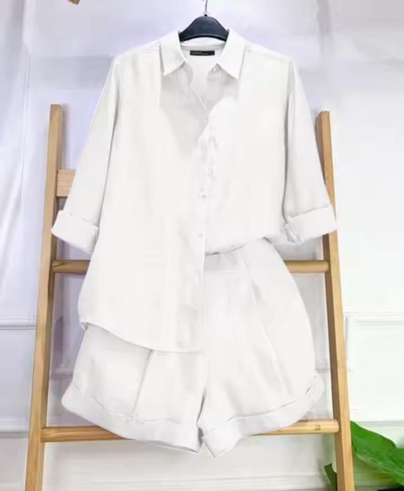 طقم نسائي شورت مع قميص بأكمام طويله، بدله غير رسميه