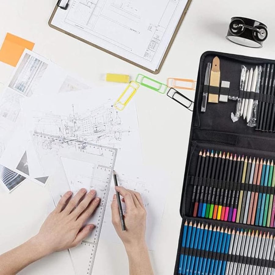 طقم أدوات رسم احترافية من 71 قطعة أزرق / أسود / أبيض