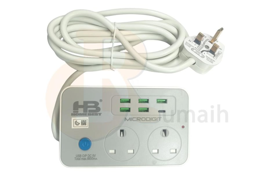 توصيلة كهربائية 5USB + 1Type-c بـ 2 افياش 3 متر