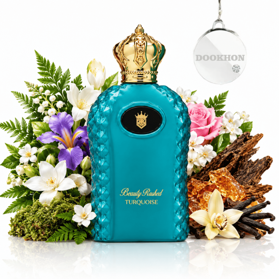 عطر بيوتي راشد توركواز 100 مل محاط بمكونات الزهور والورد والأخشاب والف