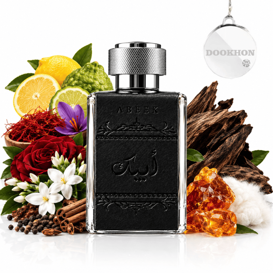 عطر أبيك 100 مل محاط بمكونات الليمون والزعفران والورد والعود الفاخر
