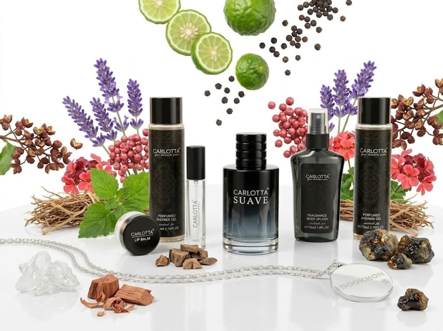 طقم عطر وعناية سوف كارلوتا محاط بمكونات البرغموت والفلفل واللافندر و