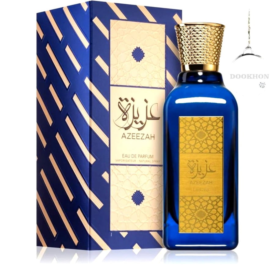 عطر عزيزة من لطافة 100 مل مع العلبة الزرقاء والذهبية ذات الزخارف الأني
