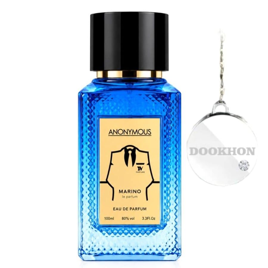 زجاجة عطر أنونيموس مارينو الزرقاء الأنيقة ذات الغطاء الأسود والملصق ال