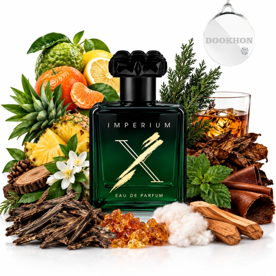 عطر امبيريوم اكس 100 مل محاط بمكونات الحمضيات والأناناس والأخشاب