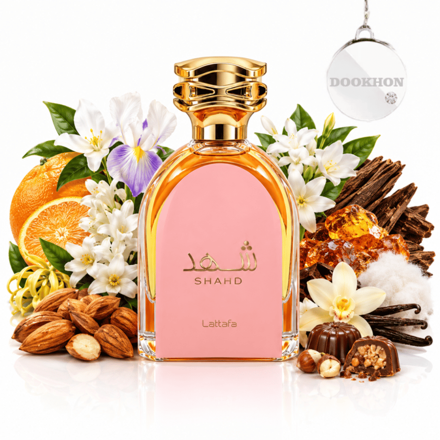 عطر شهد 100 مل محاط بمكونات اللوز والبرتقال والزهور البيضاء والفانيليا