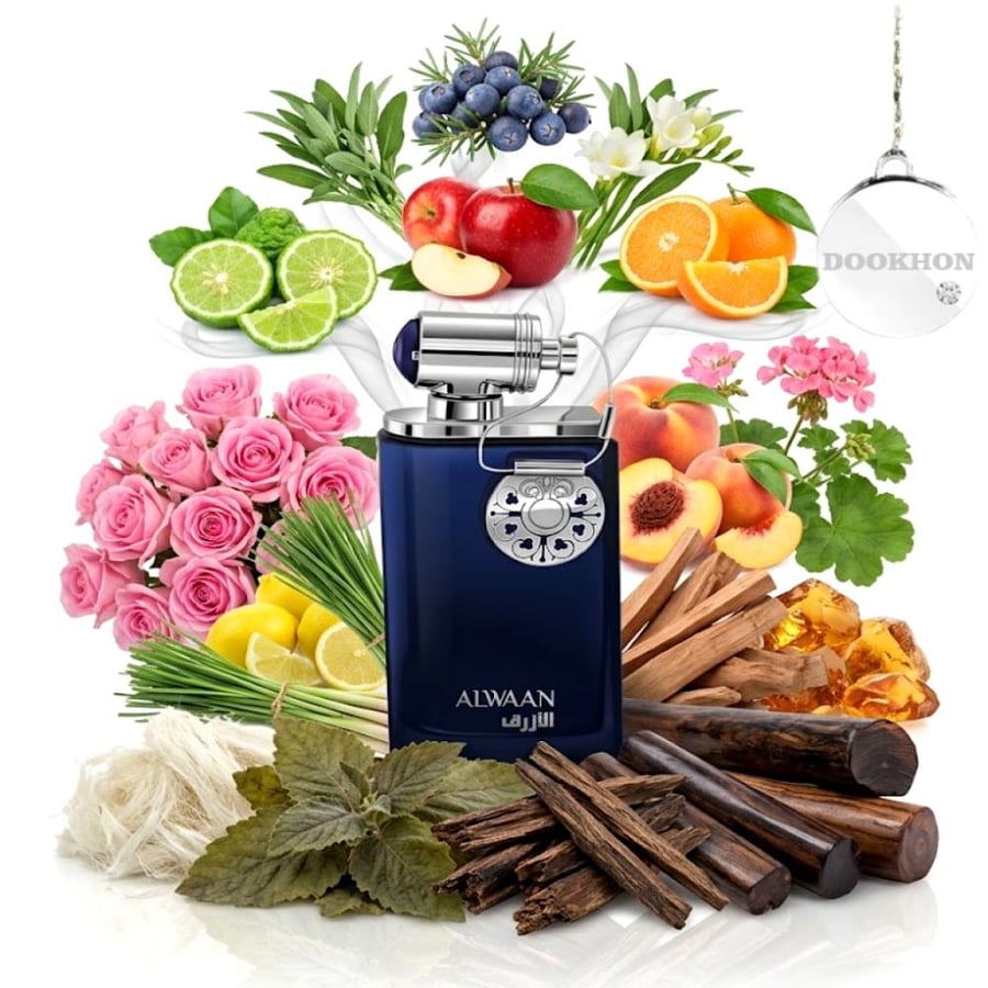 مكونات عطر ألوان الأزرق الفواكه والليمون والورود والأخشاب الفاخرة