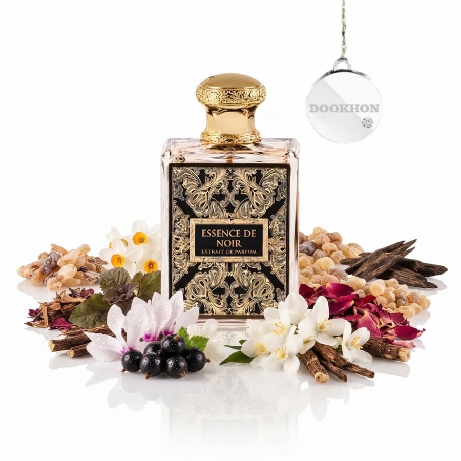 زجاجة عطر إيسنس دي نوار محاطة بمكونات الكشمش الأسود والزهور والراتنجات