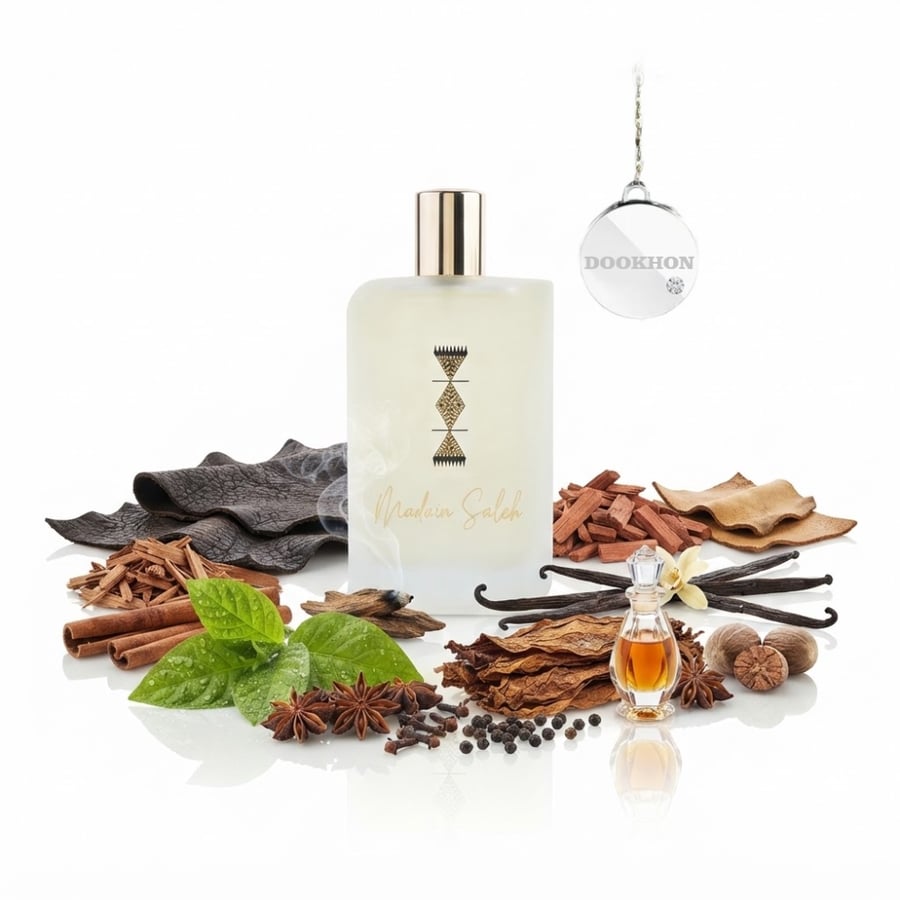 زجاجة عطر مدائن صالح محاطة بمكونات الروم والتبغ والقرفة والفانيليا وال