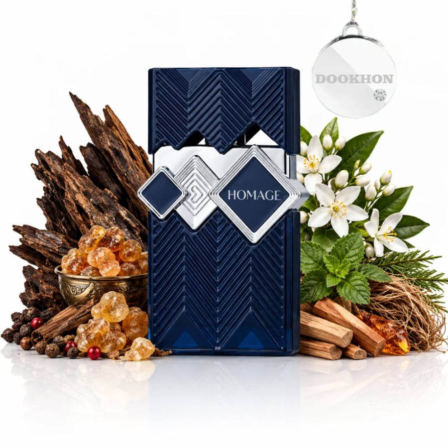 عطر هوماج 100 مل محاط بمكونات التوابل والزهور البيضاء والعود والعنبر ا