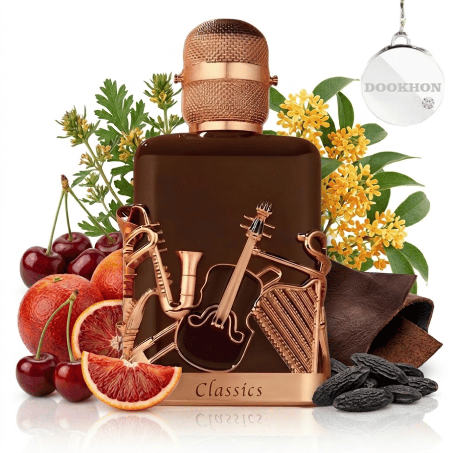 عطر نوتس كلاسيكس 100 مل محاط بمكونات الكرز والبرتقال الدموي والزهور وح