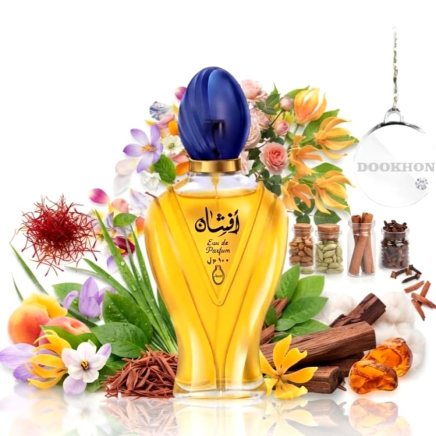زجاجة عطر إفشان بين المكونات العطرية من الزعفران والزهور والعنبر