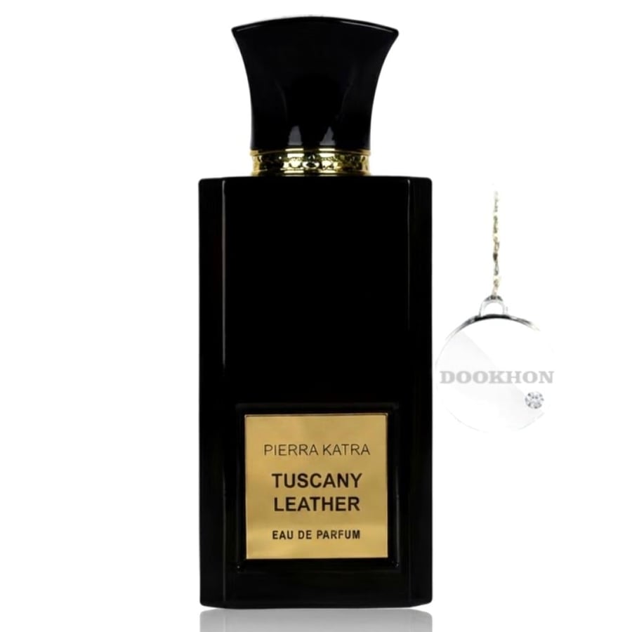 زجاجة عطر توسكاني ليذر الفاخرة بتصميمها الأسود والذهبي الأنيق