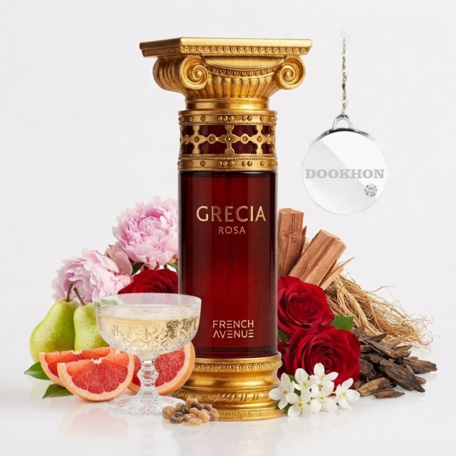 عطر غريشيا روزا 100 مل محاط بمكونات الكمثرى والورود والفاوانيا والأخشا
