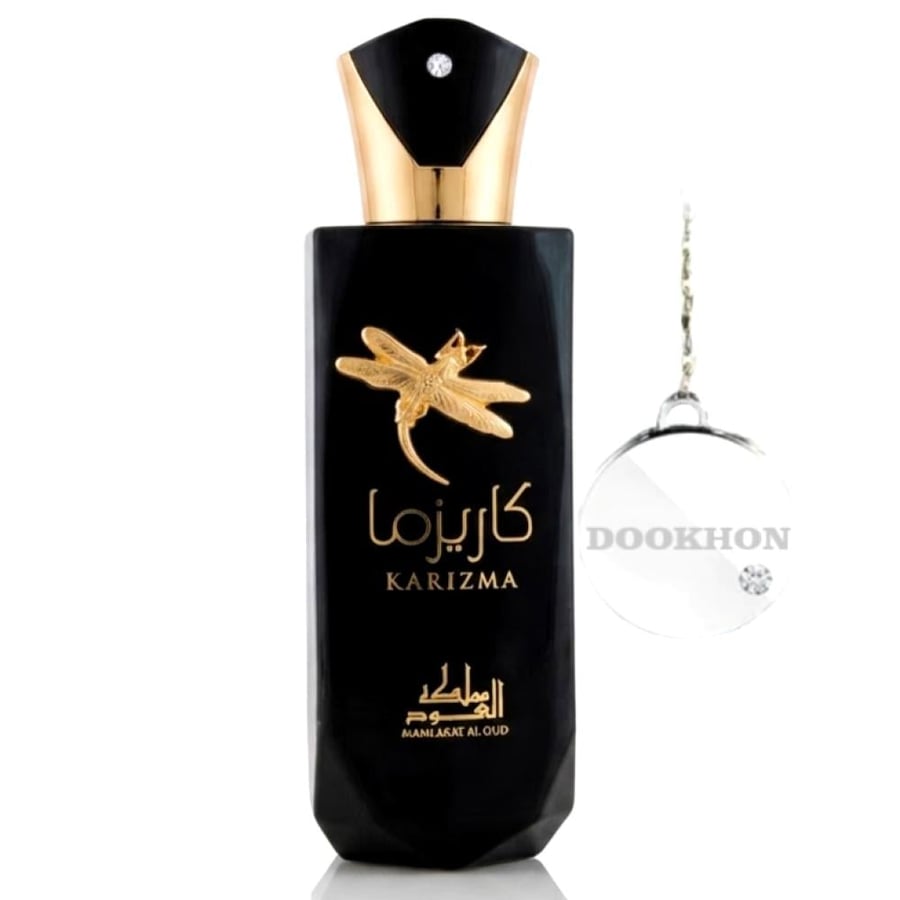 زجاجة عطر كاريزما الفاخرة بتصميمها الأسود الأنيق ونقش اليعسوب الذهبي ا