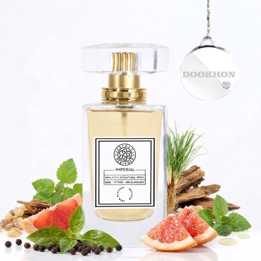 زجاجة عطر إمبريال محاطة بمكونات الجريب فروت والريحان ونجيل الهند وأخشا
