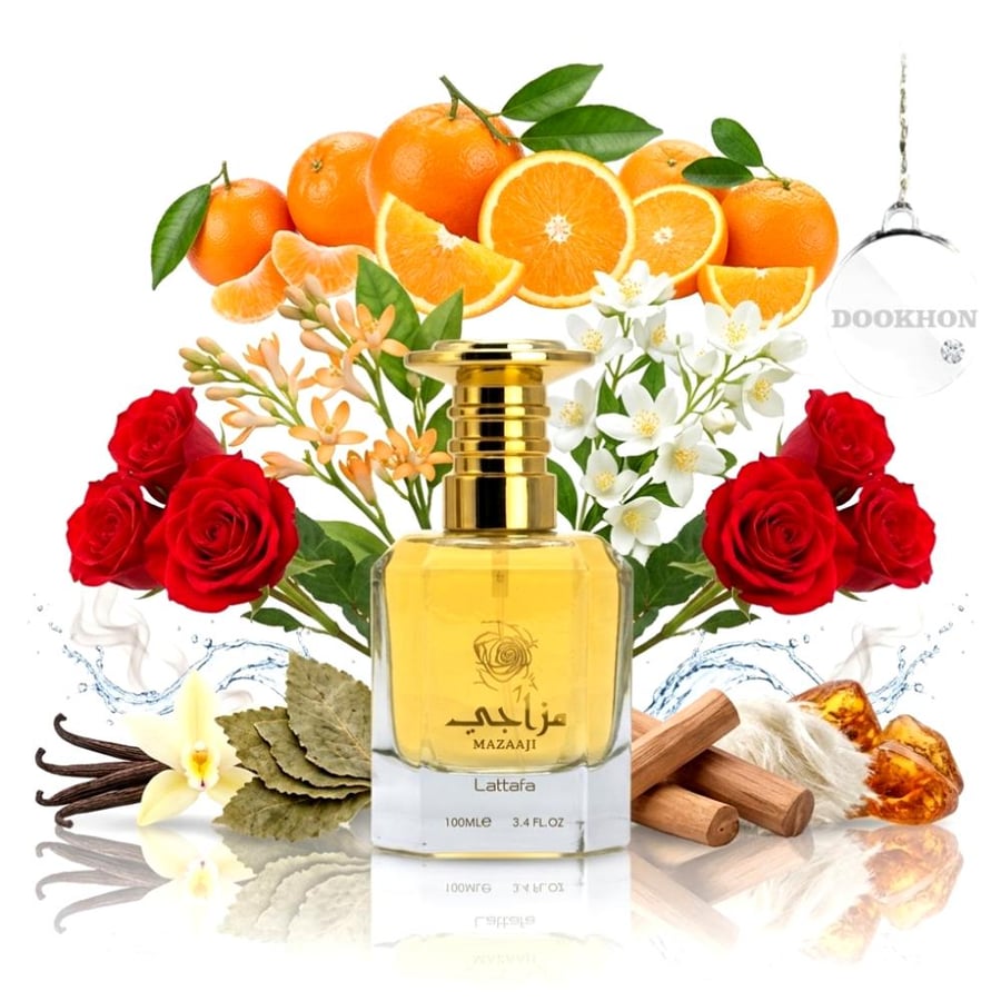 مكونات عطر مزاجي الحمضيات والبرتقال والورود والفانيليا والأخشاب