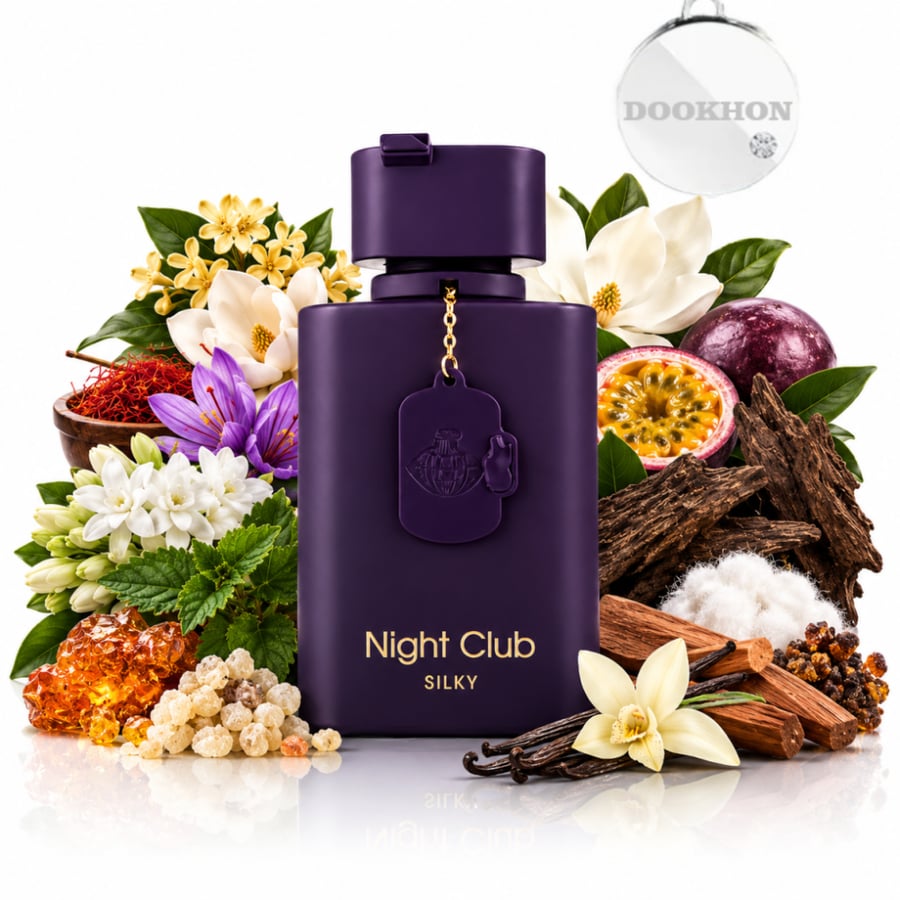 عطر نايت كلوب سيلكي 100 مل محاط بمكونات الفواكه والزهور والفانيليا وال