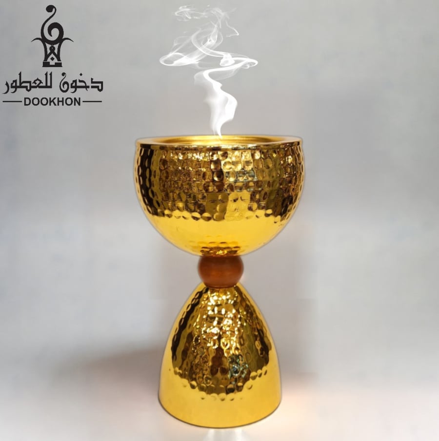 مبخر ستيل ذهبي خفيف حجم كبير حزام خشبي-دخون للعطور