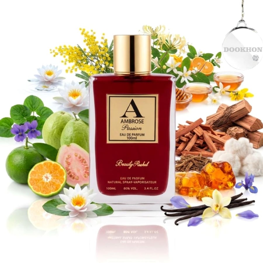 عطر أمبروز باشن 100 مل محاط بمكونات الحمضيات والجوافة والزهور البيضاء