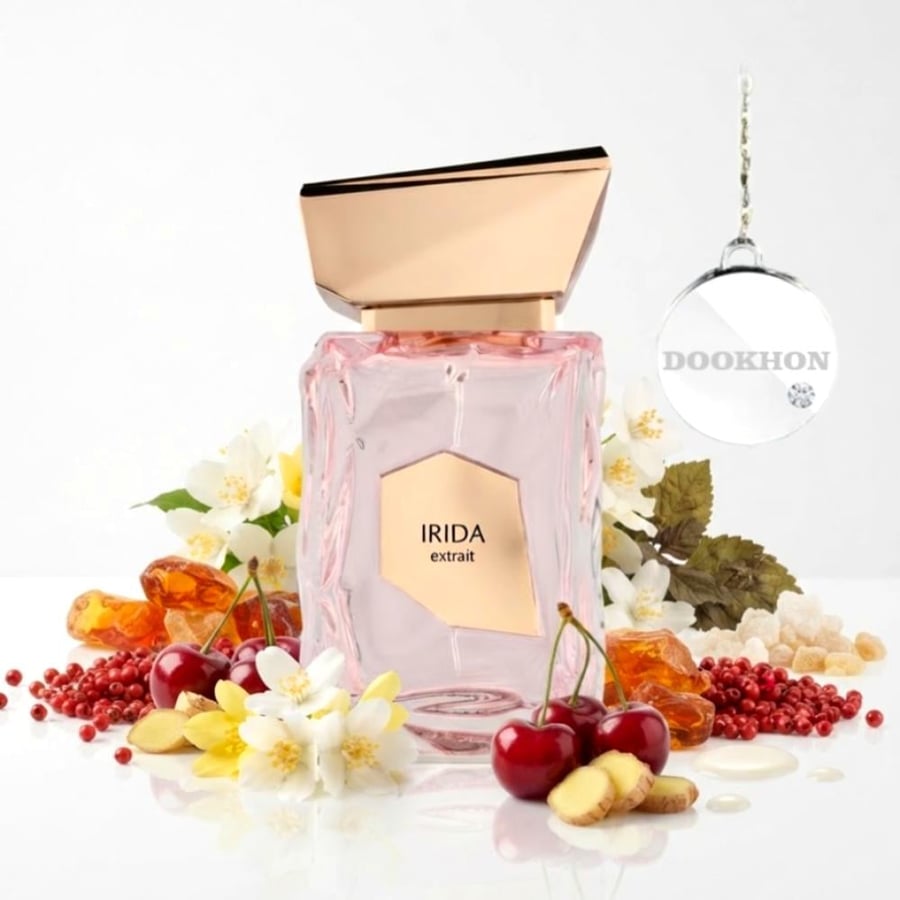 زجاجة عطر إيريدا اكستريت الفاخرة بتصميمها الوردي العصري والغطاء الذهبي