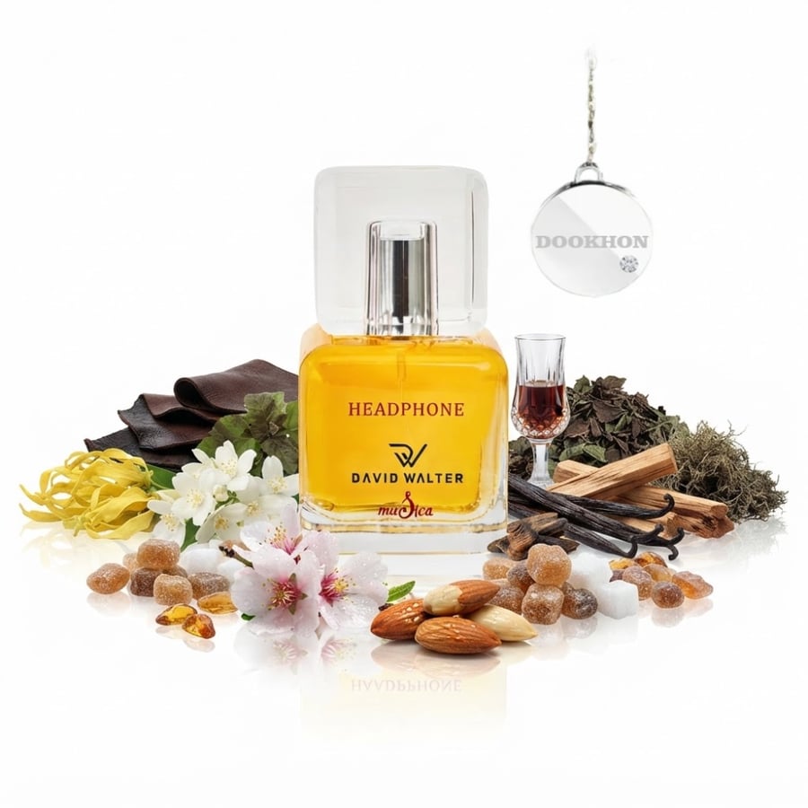 زجاجة عطر هيدفون محاطة بمكونات اللوز والجلود والزهور البيضاء والفانيلي