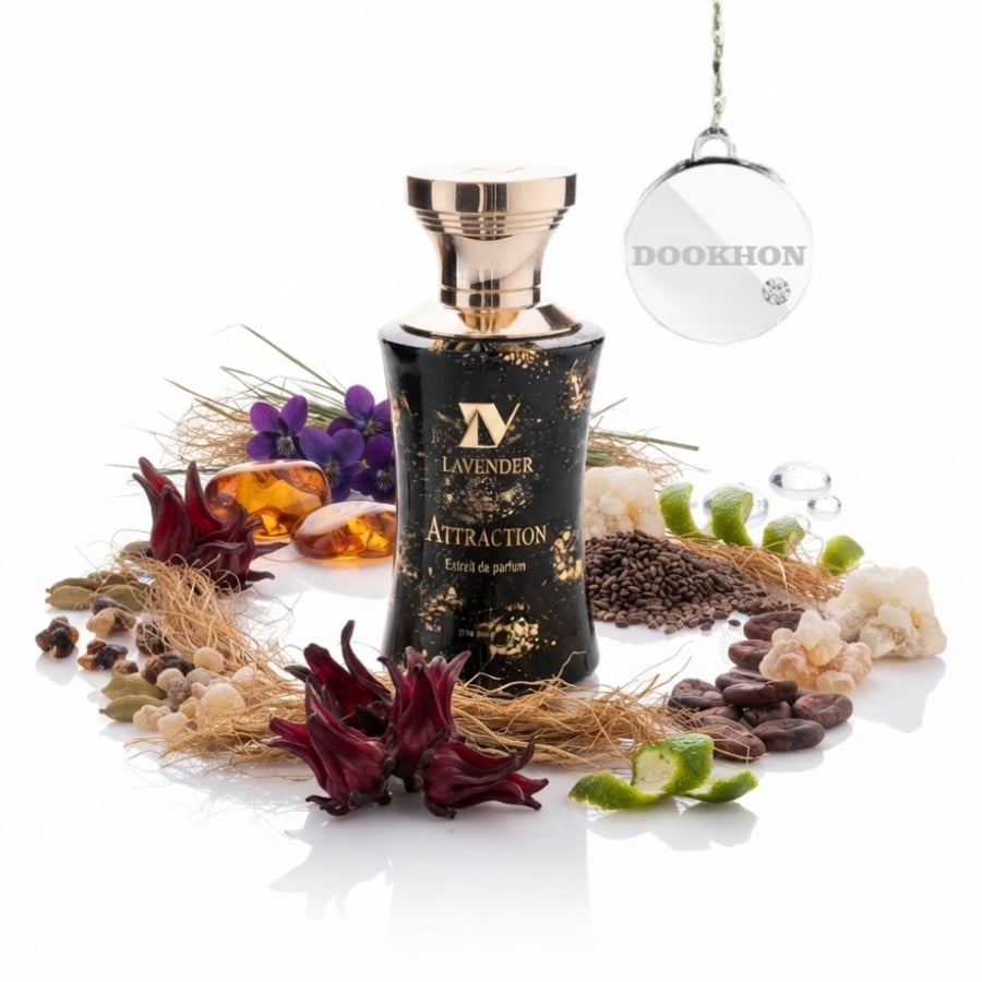 عطر أتيراكشن اكستريت دي بارفيوم محاط بمكونات البنفسج والكركديه والكاكا