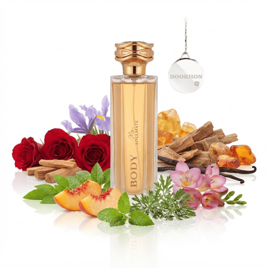 زجاجة عطر ماي سولمايت بادي بتصميمها الراقي والغطاء الذهبي المزخرف الجذ