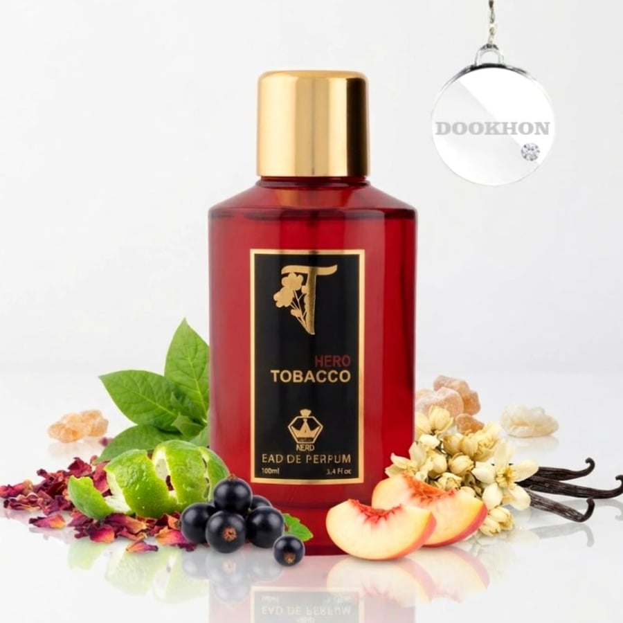 عطر هيرو توباكو 100 مل محاط بمكونات التبغ وأوراق التبغ والكشمش الأسود
