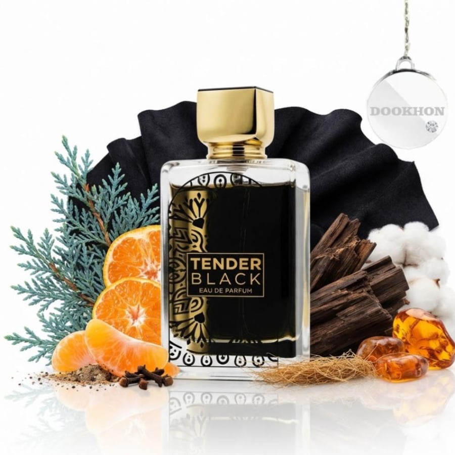 عطر تيندر بلاك 100 مل محاط بمكونات الماندارين والتوابل والسرو والأخشاب