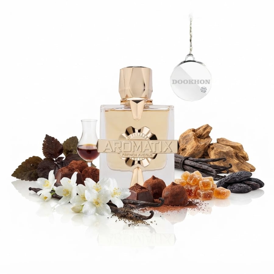 زجاجة عطر إكس زاندال محاطة بمكونات الشوكولاتة والفانيليا والزهور البيض
