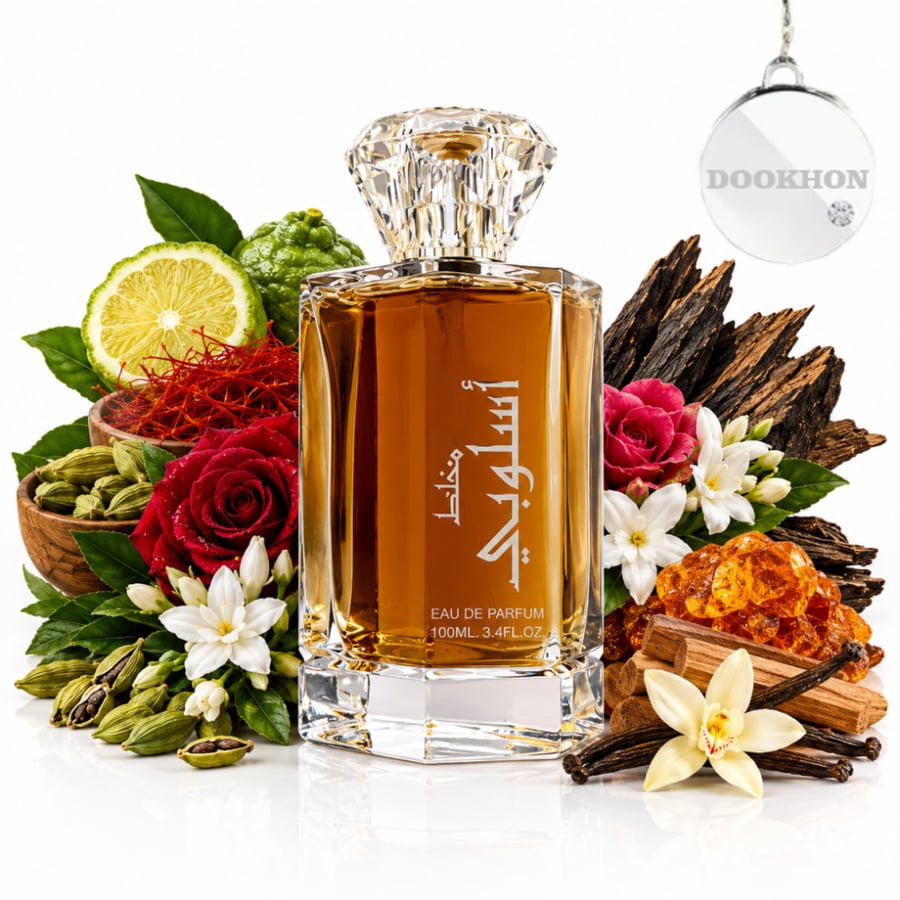 عطر مخلط أسلوبي 100 مل محاط بمكونات الهيل والزعفران والورد والعود الفا