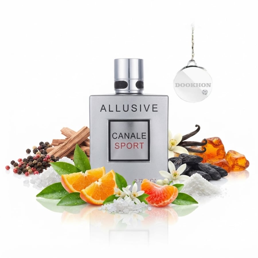 زجاجة عطر ألوفيس كينال سبورت محاطة بمكونات البرتقال والماندارين والفلف